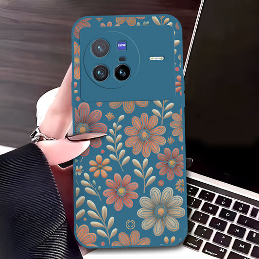 Vivo X80 Cover - Blue - D4 - ONation Floral Series - HQ Liquid Silicone Soft Case