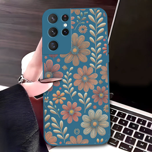 Samsung Galaxy S21 Ultra 5G Cover - Blue - D4 - ONation Floral Series - HQ Liquid Silicone Soft Case
