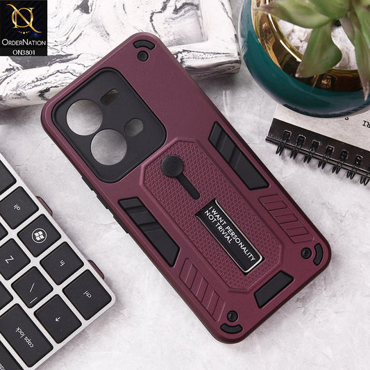 Vivo V25 5G Cover - Burgundy - Hybrid Stylish Slide Finger Grip With Metal Kickstand Soft Borders Case