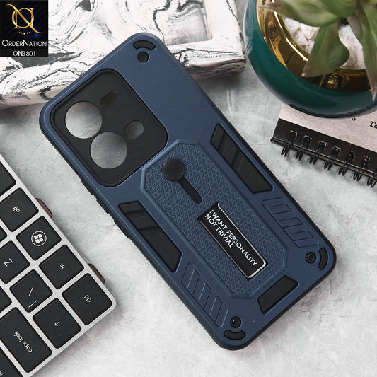 Vivo V25 5G Cover - Midnight Blue - Hybrid Stylish Slide Finger Grip With Metal Kickstand Soft Borders Case