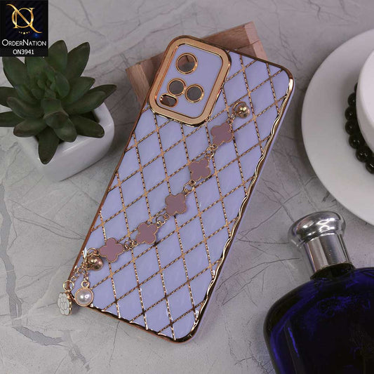 Vivo Y21G Cover - Purple -  Soft TPU Shiny Electroplated Golden Lines Camera Protection Case With Flower Chain Holder