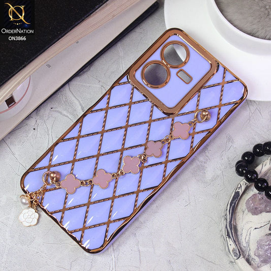 Vivo Y22s Cover - Purple -  Soft TPU Shiny Electroplated Golden Lines Camera Protection Case With Flower Chain Holder