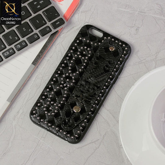 iPhone 6S / 6 Cover - Black - Premium Leather Texture Shiny Stones Case With Mobile Holding Belt