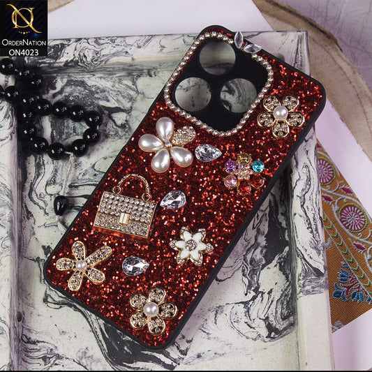 Tecno Spark 10 Cover - Red - New Bling Bling Sparkle 3D Flowers Shiny Glitter Texture Protective Case