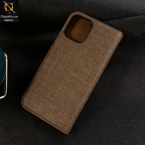iPhone 12 Pro Cover - Brown - Lishen Classic Series - Premium Leather Magnatic Flip Book Case