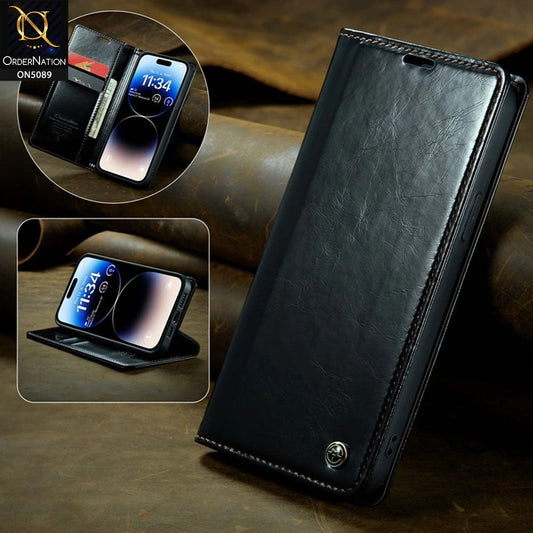 iPhone 15 Plus Cover - Black - CaseMe Classic Leather Flip Book Card Slot Case