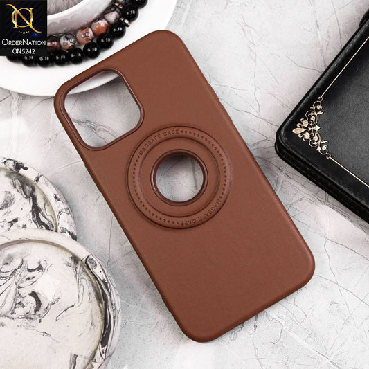 iPhone 14 Pro Max Cover - Light Brown - Luxury Pu Leather Texture Magsafe Soft Border Protective Case With Logo Hole