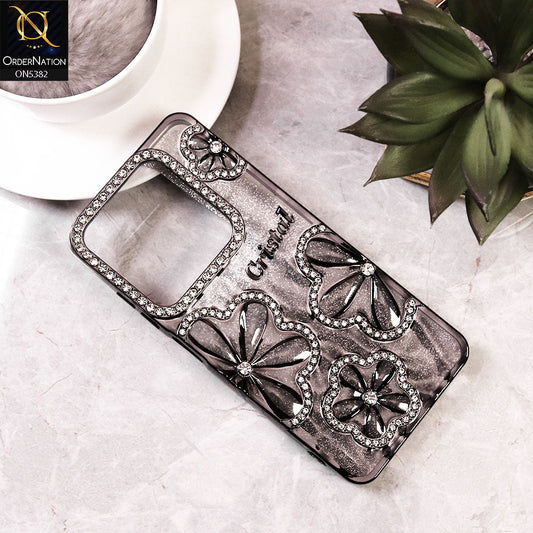 Infinix Hot 40i Cover - Black -  Elegant Crystal Rhinestones Flower Dual Tone Glitter Shine Case (Glitter Does not Move)