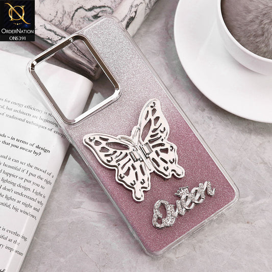 Oppo A3x 5G Cover - Pink - Trendy Queen Dual Tone Gradient Glitter Shiny Soft Case With Butterfly Kickstand Holder (Gliter Does Not Move)