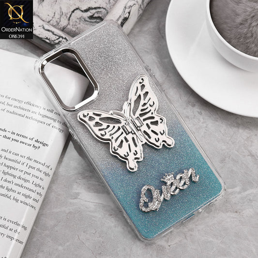 Oppo A96 5G Cover - Blue - Trendy Queen Dual Tone Gradient Glitter Shiny Soft Case With Butterfly Kickstand Holder (Gliter Does Not Move)