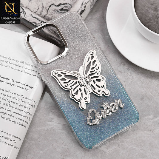 Samsung Galaxy M04 4G Cover - Blue - Trendy Queen Dual Tone Gradient Gliter Shiny Soft Case With Butterfly Kickstand Holder (Gliter Does Not Move)