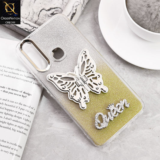Vivo Y15 Cover - Golden - Trendy Queen Dual Tone Gradient Glitter Shiny Soft Case With Butterfly Kickstand Holder (Gliter Does Not Move)