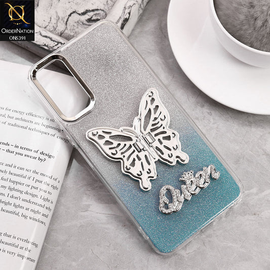 Vivo Y12s Cover - Blue - Trendy Queen Dual Tone Gradient Glitter Shiny Soft Case With Butterfly Kickstand Holder (Gliter Does Not Move)