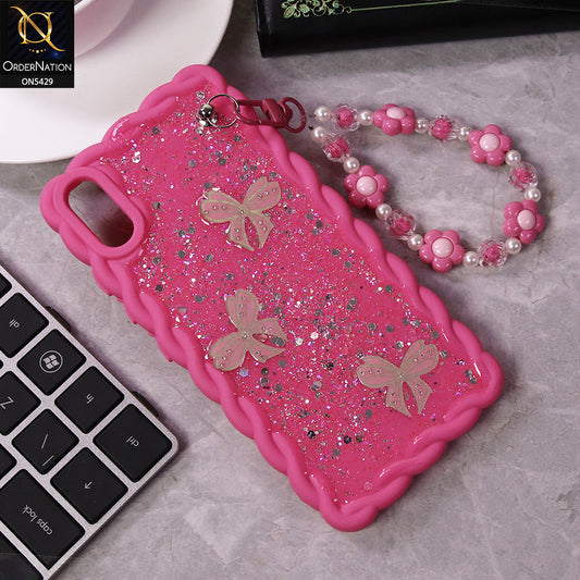 Vivo Y91C Cover - Pink - New Braid Style Borders Butterfly Shiny Glitter Soft Case With Beads Bracelet Holder (Glitter Does Not Move)