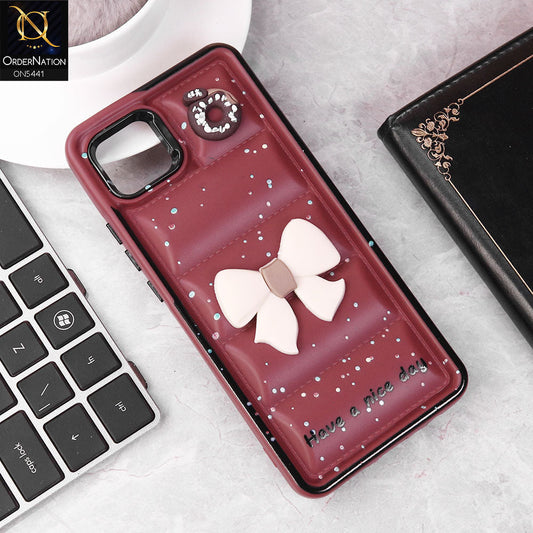Oppo A16K Cover - Maroon -  New 3D Bow Soft Puffer Case With Metal Camera Ring
