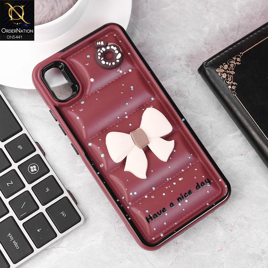 Vivo Y91C Cover - Maroon -  New 3D Bow Soft Puffer Case With Metal Camera Ring