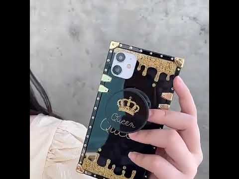 iPhone 14 Pro Max Cover - Black - Golden Electroplated Luxury Square Soft TPU Protective Case with Popsocket Holder