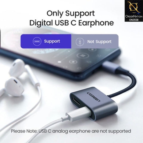 Gray - Ugreen 60165 2-IN-1 USB-C TO Headphone & Charger Adapter Type-C