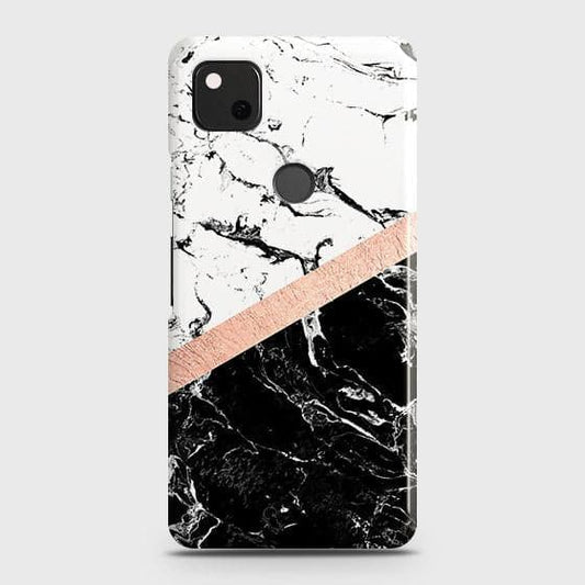 Google Pixel 4a 4G Cover - Black & White Marble With Chic RoseGold Strip Case with Life Time Colors Guarantee