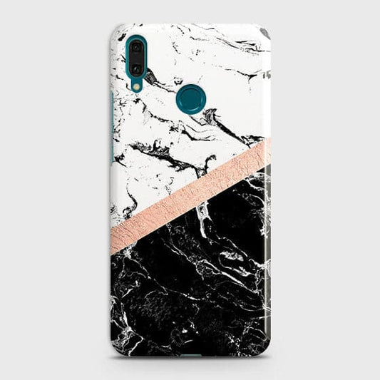 Huawei Honor Play Cover - Black & White Marble With Chic RoseGold Strip Case with Life Time Colors Guarantee