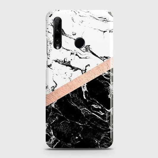 Honor 20 lite Cover - Black & White Marble With Chic RoseGold Strip Case with Life Time Colors Guarantee
