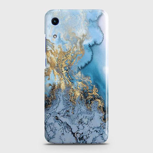 Honor 8A Without Sensor Cut Cover - Trendy Golden & Blue Ocean Marble Printed Hard Case with Life Time Colors Guarantee