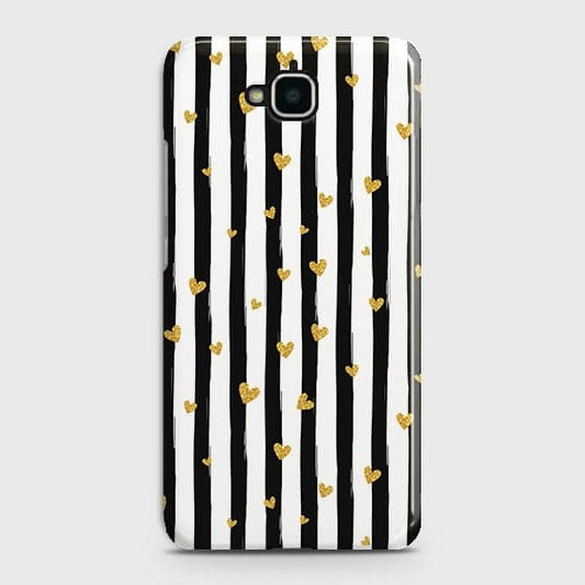 Huawei Y6 Pro 2015 Cover - Trendy Black & White Lining With Golden Hearts Printed Hard Case with Life Time Colors Guarantee