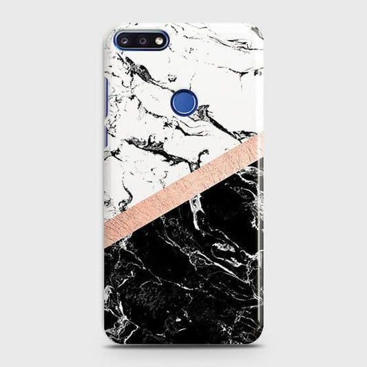 Huawei Honor 7C Cover - Black & White Marble With Chic RoseGold Strip Case with Life Time Colors Guarantee