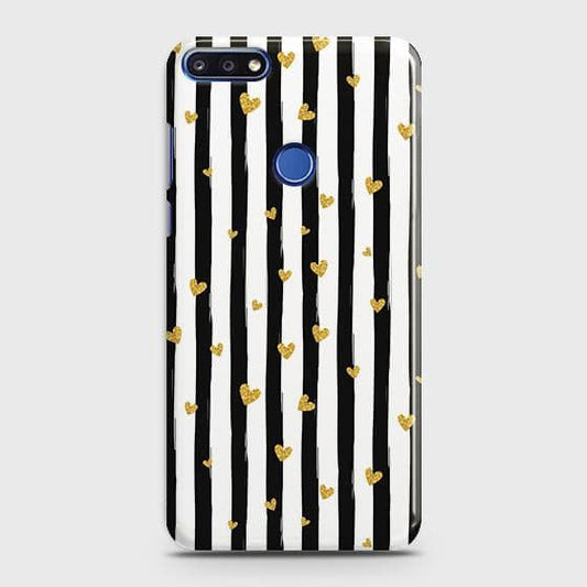 Huawei Honor 7C Cover - Trendy Black & White Lining With Golden Hearts Printed Hard Case with Life Time Colors Guarantee