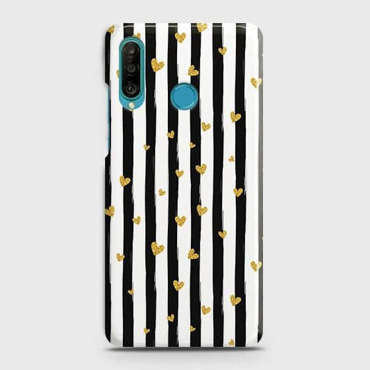 Huawei P30 lite Cover - Trendy Black & White Lining With Golden Hearts Printed Hard Case with Life Time Colors Guarantee