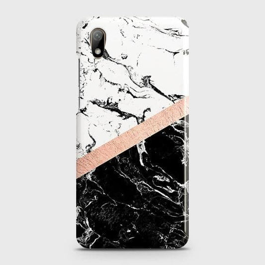 Huawei Y5 2019 Cover - Black & White Marble With Chic RoseGold Strip Case with Life Time Colors Guarantee