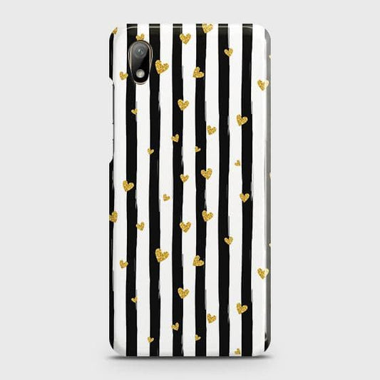 Huawei Y5 2019 Cover - Trendy Black & White Lining With Golden Hearts Printed Hard Case with Life Time Colors Guarantee