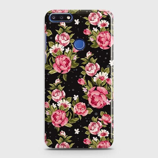 Honor 7A Cover - Trendy Pink Rose Vintage Flowers Printed Hard Case with Life Time Colors Guarantee