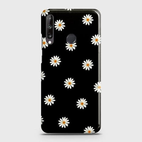 Huawei Y7p Cover - Matte Finish - White Bloom Flowers with Black Background Printed Hard Case with Life Time Colors Guarantee