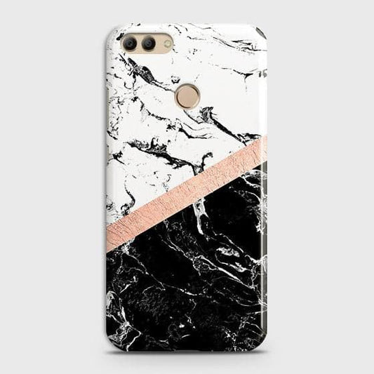 Huawei Y9 2018 Cover - Black & White Marble With Chic RoseGold Strip Case with Life Time Colors Guarantee