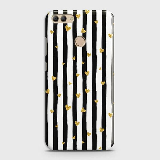 Huawei Y9 2018 Cover - Trendy Black & White Lining With Golden Hearts Printed Hard Case with Life Time Colors Guarantee