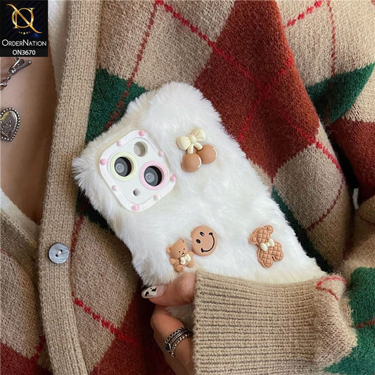 iPhone 14 Cover - White - New Trendy Plush Warm Fluffy Soft Borders Case with Camera Protection