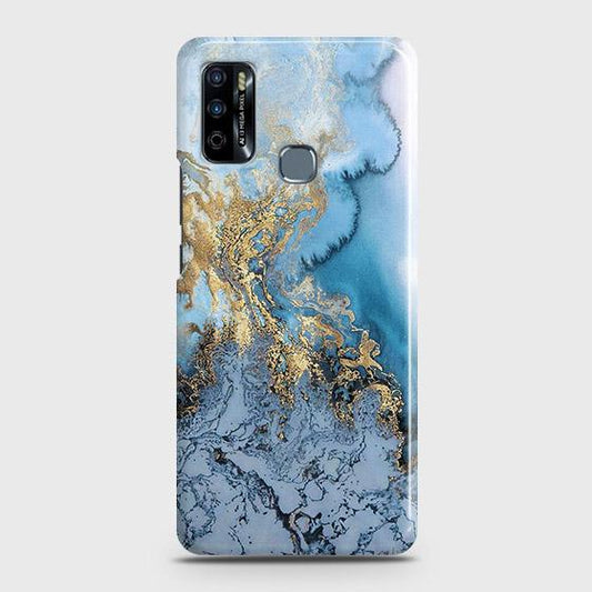 Infinix Hot 9 Play Cover - Trendy Golden & Blue Ocean Marble Printed Hard Case with Life Time Colors Guarantee