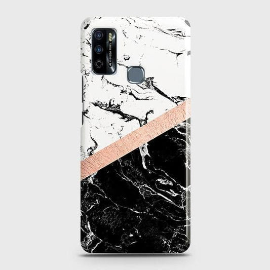 Infinix Hot 9 Play Cover - Black & White Marble With Chic RoseGold Strip Case with Life Time Colors Guarantee