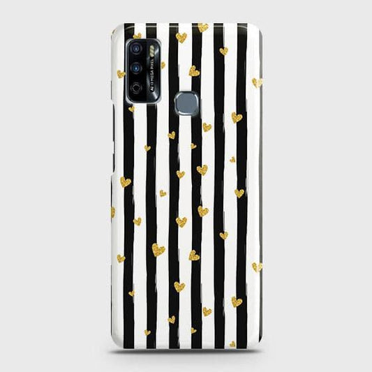 Infinix Hot 9 Play Cover - Trendy Black & White Lining With Golden Hearts Printed Hard Case with Life Time Colors Guarantee