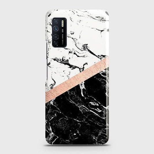 Infinix Note 7 Lite Cover - Black & White Marble With Chic RoseGold Strip Case with Life Time Colors Guarantee