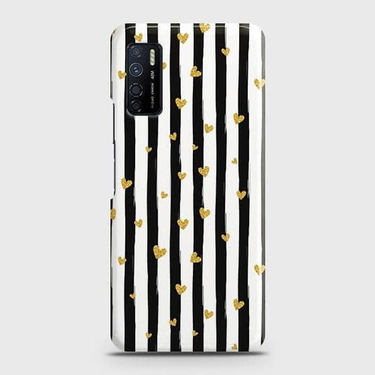 Infinix Note 7 Lite Cover - Trendy Black & White Lining With Golden Hearts Printed Hard Case with Life Time Colors Guarantee