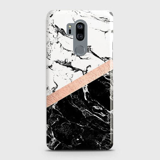 LG G7 ThinQ Cover - Black & White Marble With Chic RoseGold Strip Case with Life Time Colors Guarantee