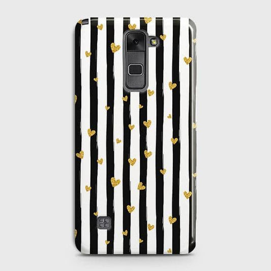 LG Stylus 2 / Stylo 2 Cover - Trendy Black & White Lining With Golden Hearts Printed Hard Case with Life Time Colors Guarantee