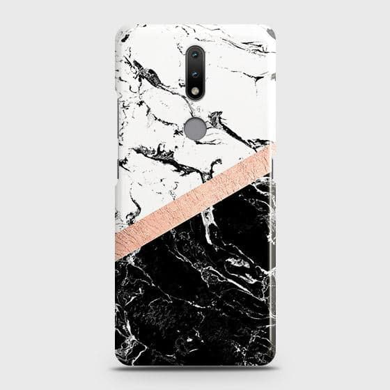 Nokia 2.4 Cover - Black & White Marble With Chic RoseGold Strip Case with Life Time Colors Guarantee
