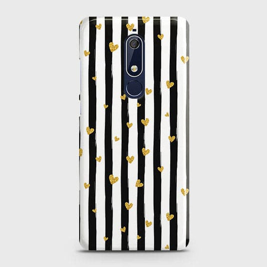 Nokia 5.1 Cover - Trendy Black & White Lining With Golden Hearts Printed Hard Case with Life Time Colors Guarantee