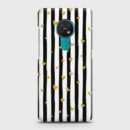 Nokia 7.2 Cover - Trendy Black & White Lining With Golden Hearts Printed Hard Case with Life Time Colors Guarantee