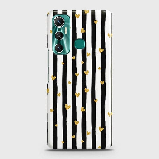 Infinix Hot 11 Cover - Trendy Black & White Strips With Golden Hearts Printed Hard Case with Life Time Colors Guarantee