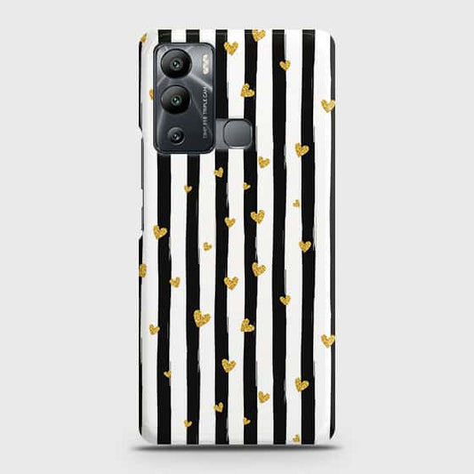 Infinix Hot 12i Cover - Trendy Black & White Lining With Golden Hearts Printed Hard Case with Life Time Colors Guarantee