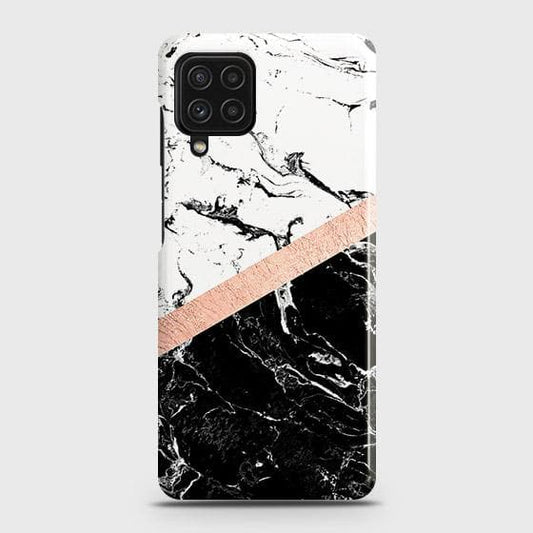 Samsung Galaxy A22 4G Cover - Black & White Marble With Chic RoseGold Strip Case with Life Time Colors Guarantee